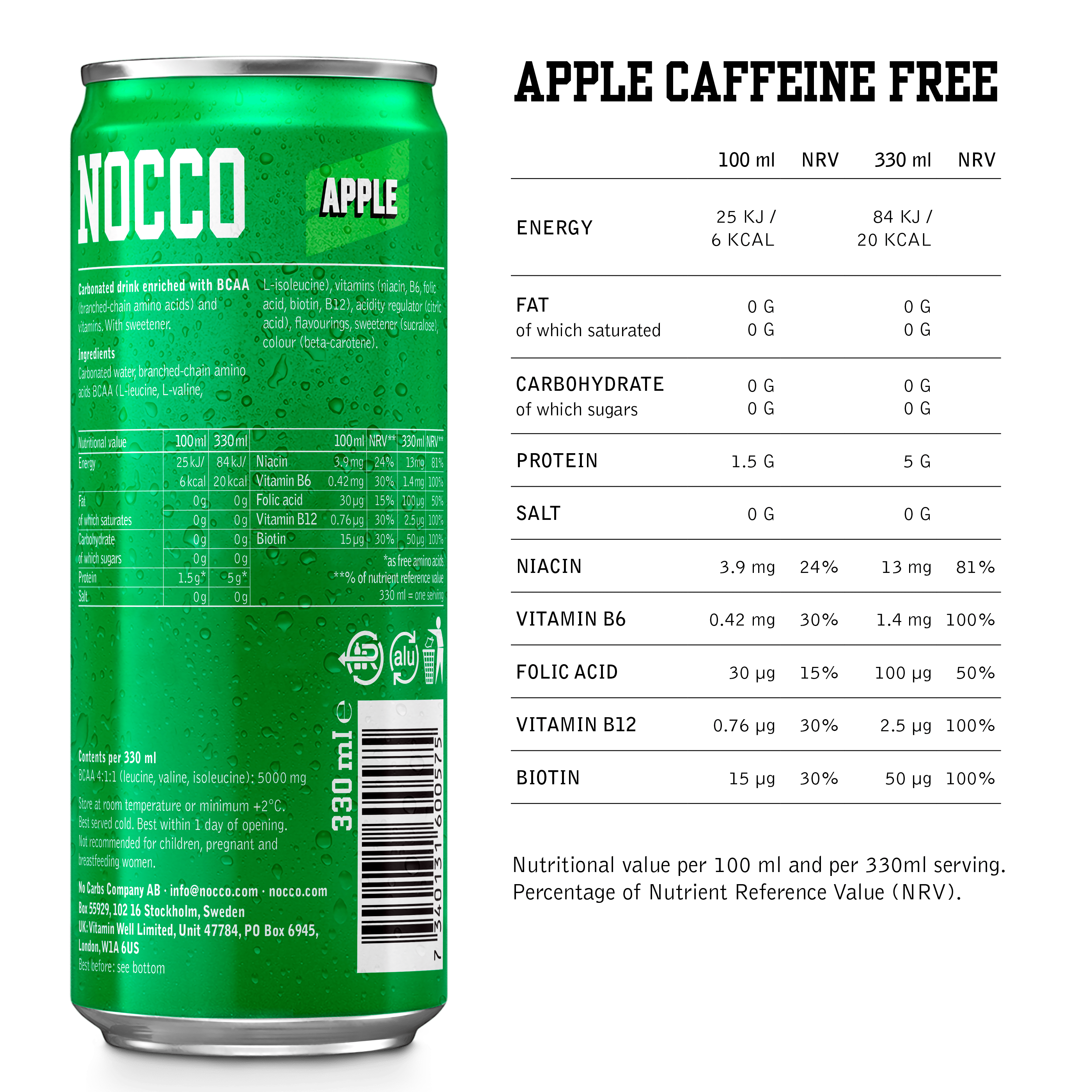 NOCCO Apple Energy Drink 330ml - Case of 12