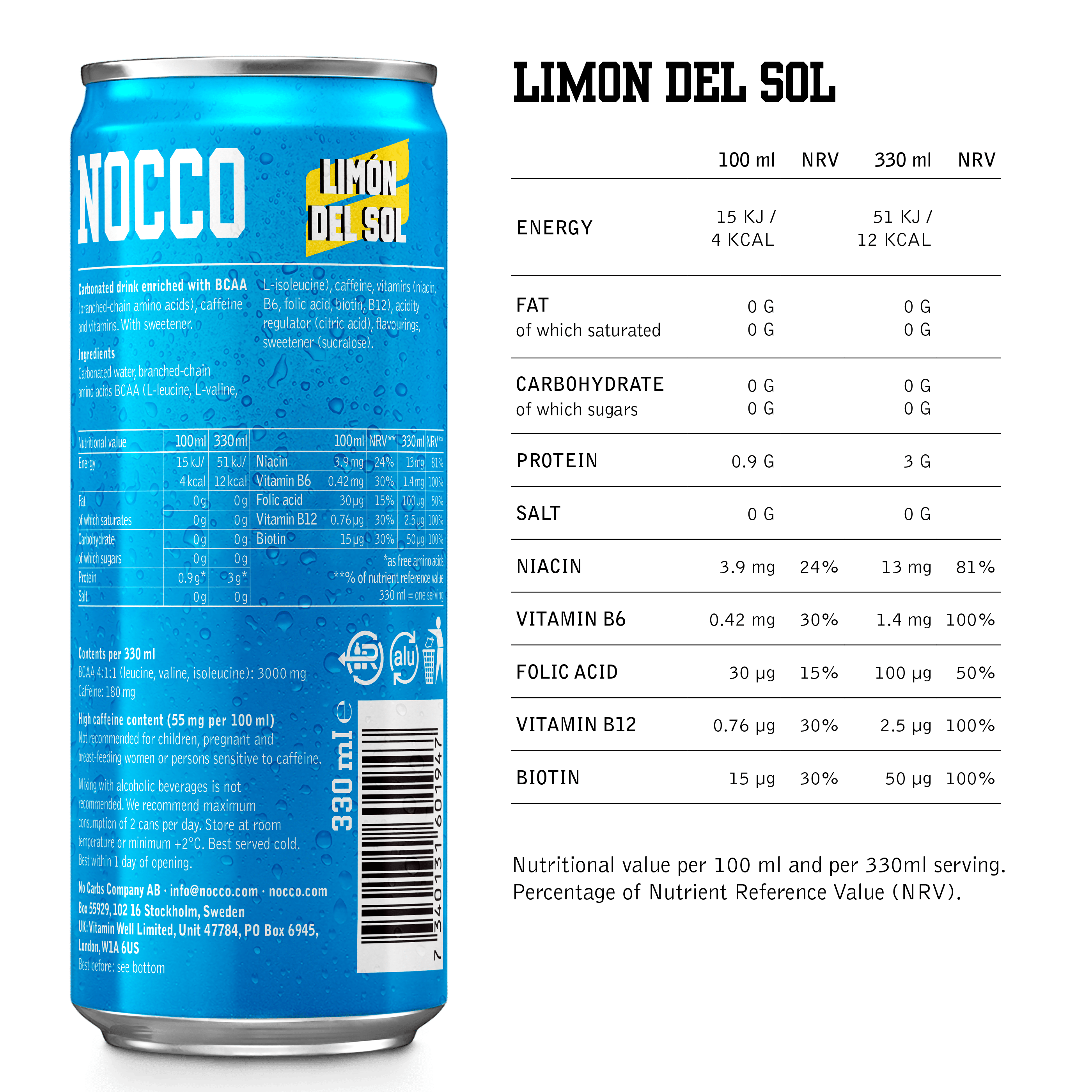 NOCCO Limón Energy Drink 330ml - Case of 12