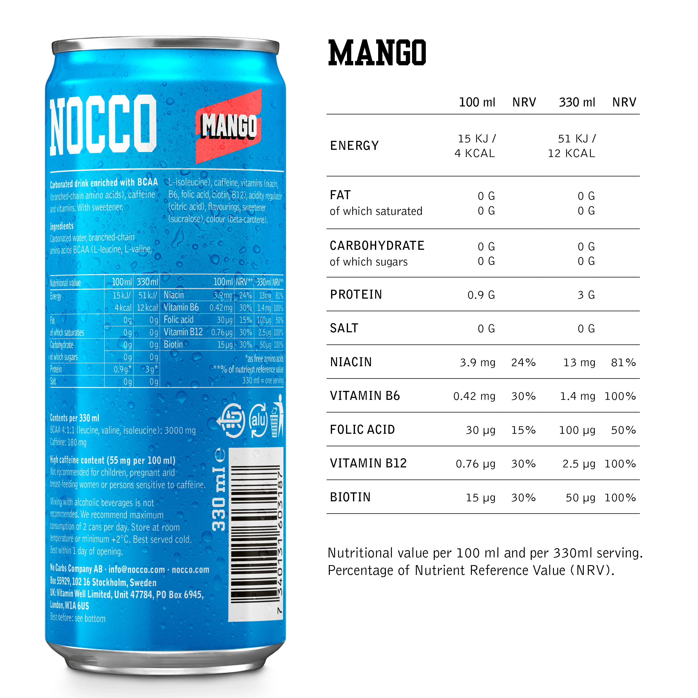 NOCCO Mango Energy Drink 330ml - Case of 12