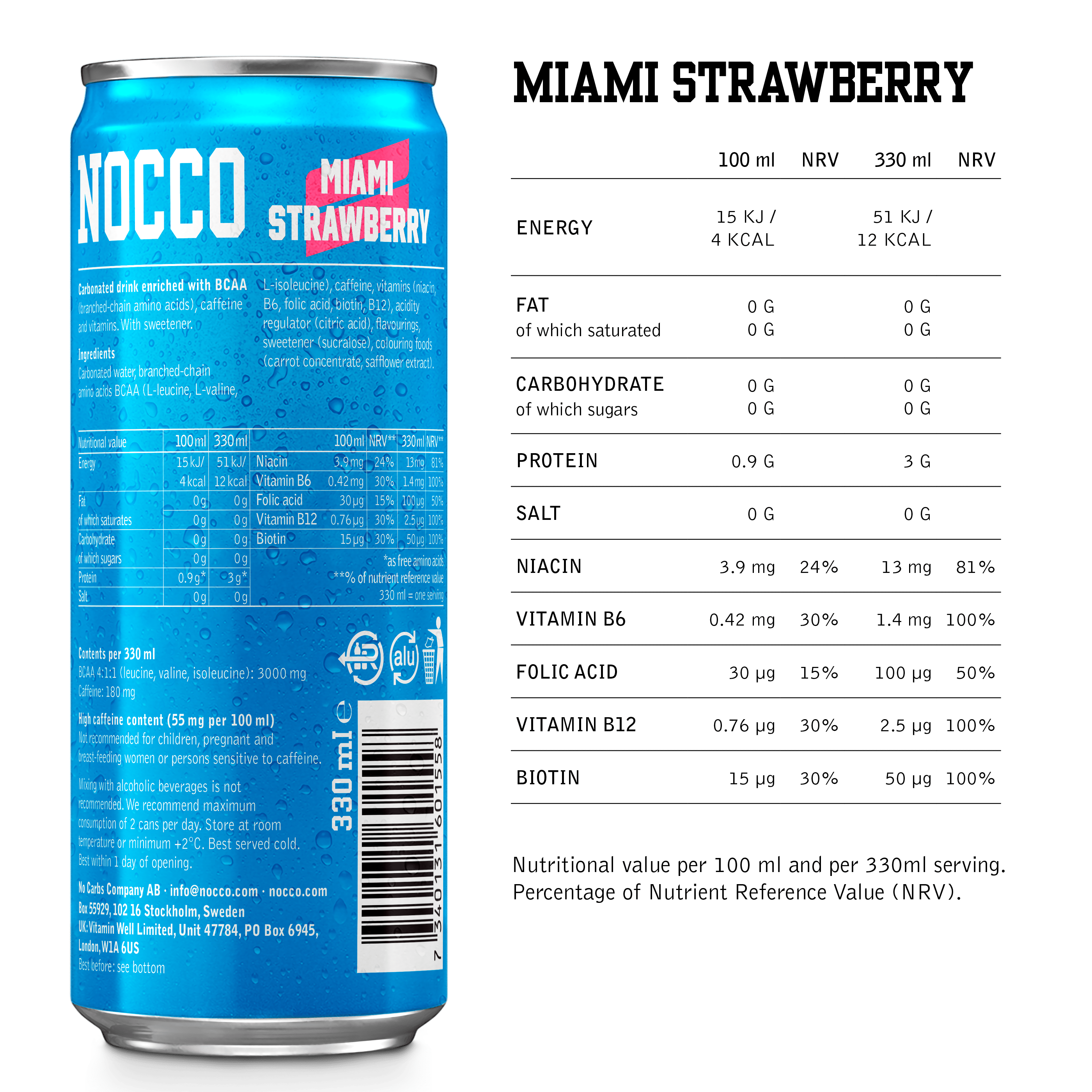 NOCCO Miami Strawberry Energy Drink 330ml - Case of 12